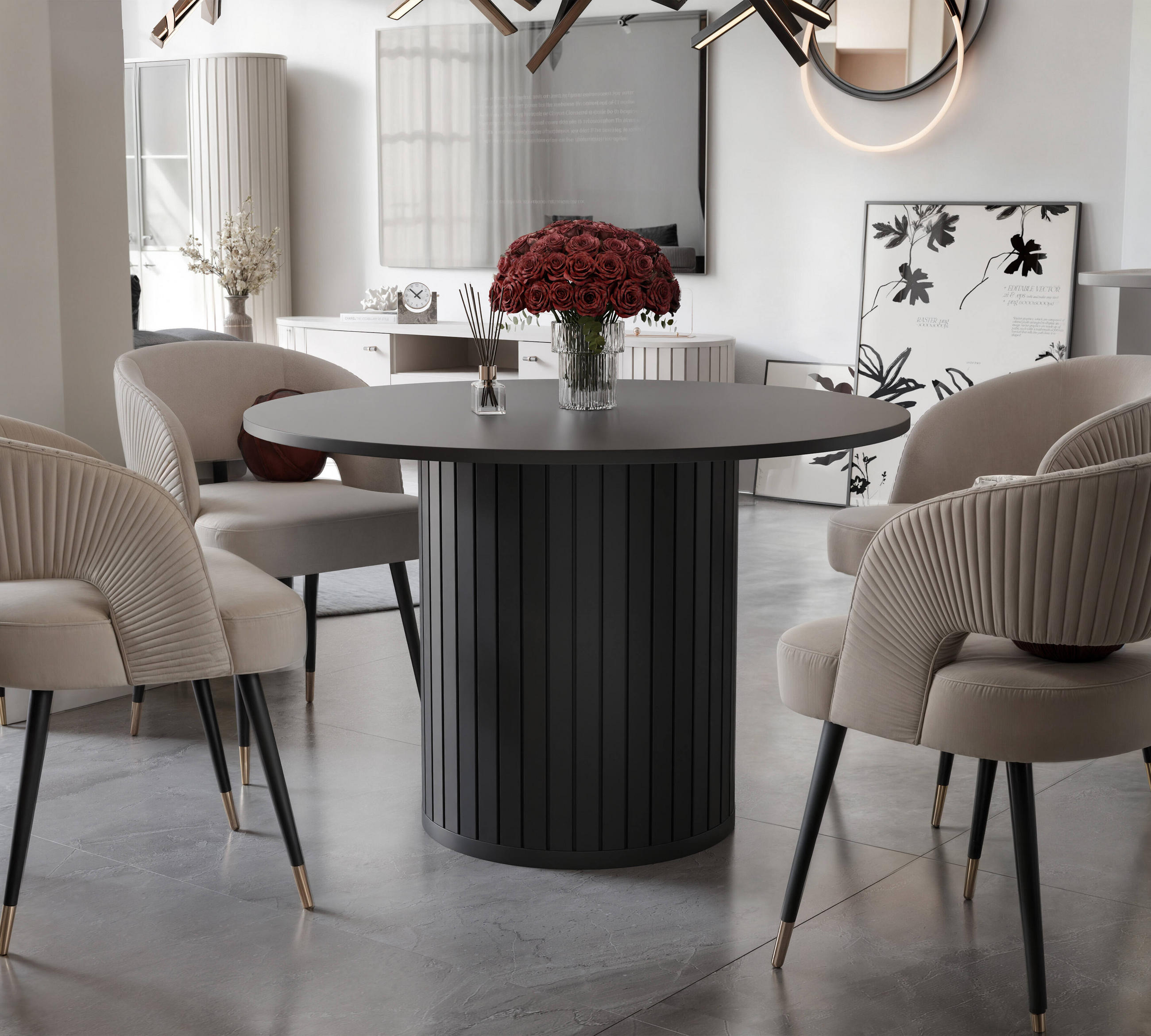 ESSTISCH rund mit geriffeltem Sockel, Schwarz - Schwarz, Holzwerkstoff (120/120/75cm) - Idohome