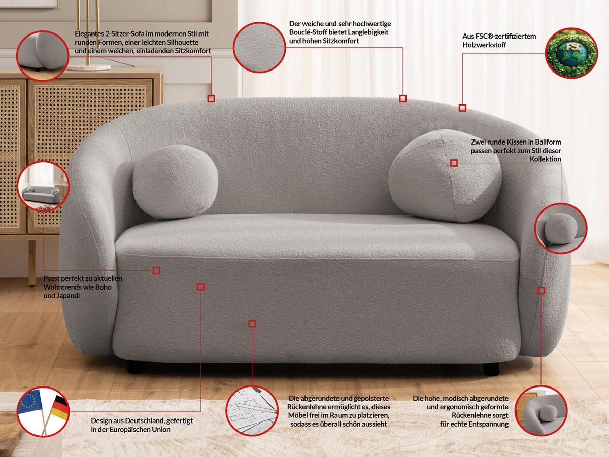 2-SITZER-SOFA Roundi Grau Bouclé - Schwarz/Grau, Holz/Kunststoff (150/76/80cm) - S-Style Möbel