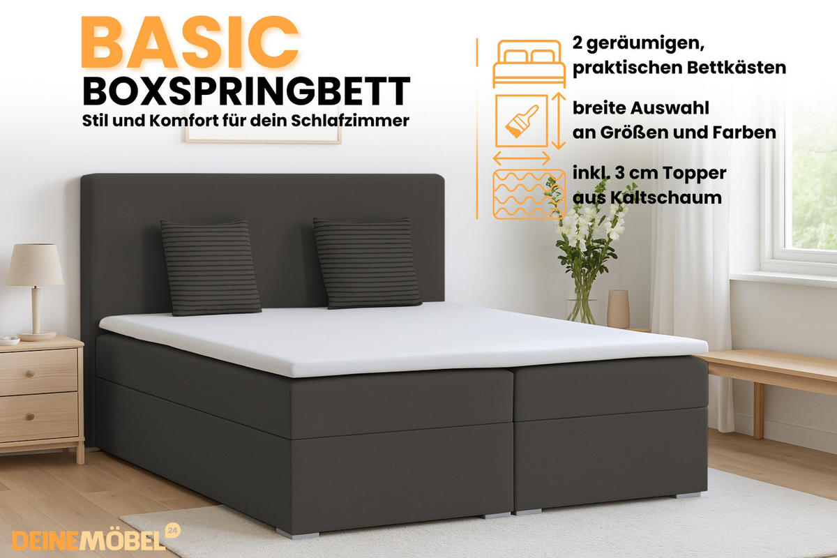 BOXBETT BASIC 180/200 Velours Anthrazit mit Taschen-Federkernmatratzen 7 Zonen H4 - Anthrazit, Holz/Holzwerkstoff (180/200cm) - Deine Möbel 24