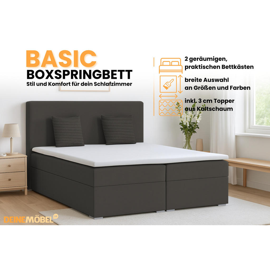 Thumbnail - Deine Möbel 24 Boxbett, Anthrazit, Textil, H3, 160x200 cm, Schlafzimmer, Betten, Boxspringbetten