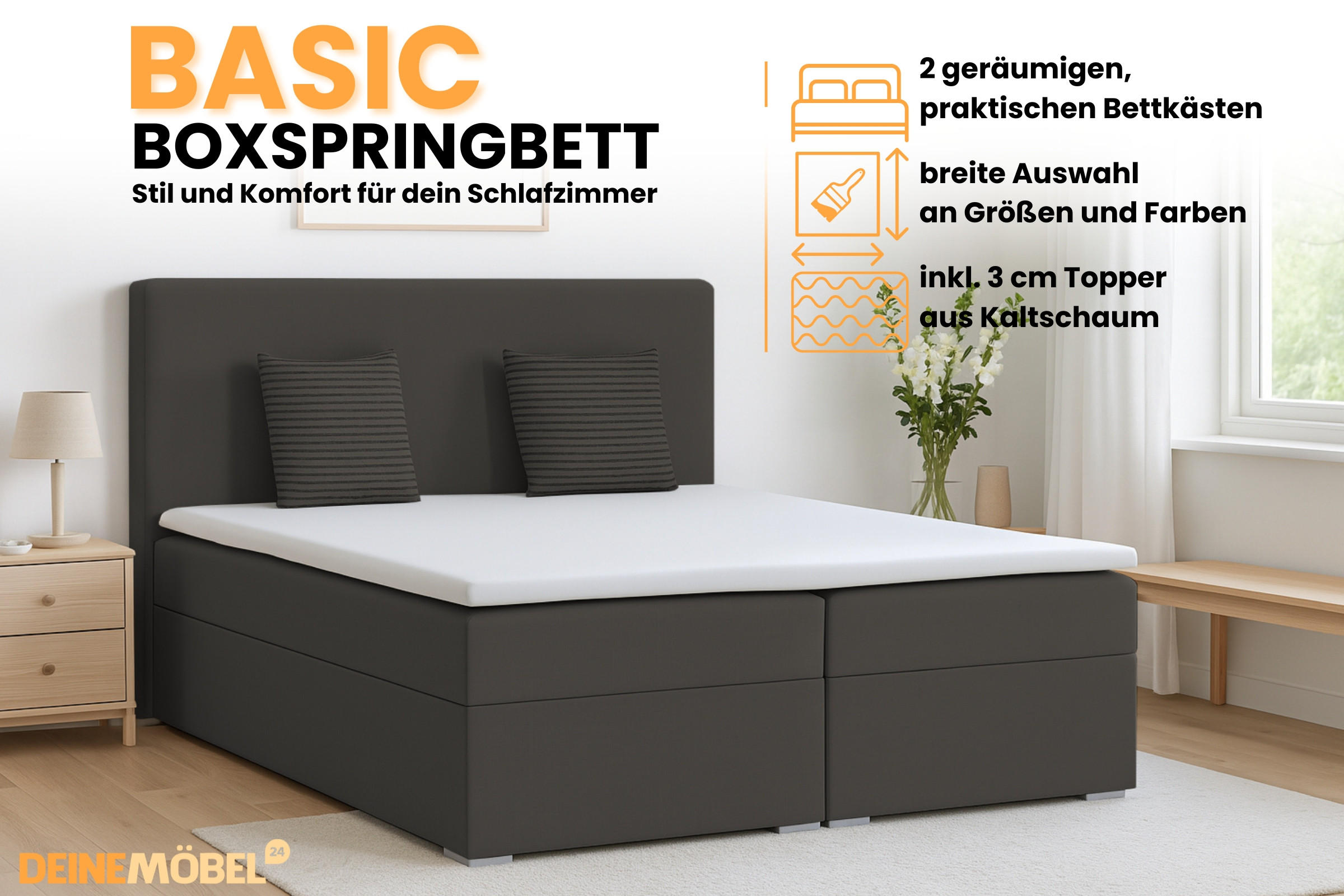 Thumbnail - Deine Möbel 24 Boxbett, Anthrazit, Textil, H4, 160x200 cm, Schlafzimmer, Betten, Boxspringbetten