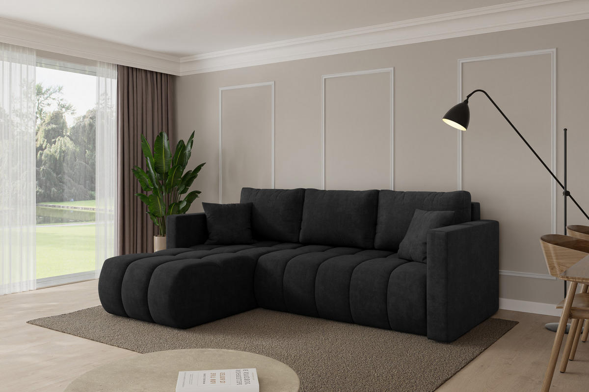 ROHOVÁ SEDAČKA s funkcí spaní, otoman vlevo GARD-L 226x146x85 černá velur - černá, kompozitní dřevo/textil (226/146cm) - ALTDECOR