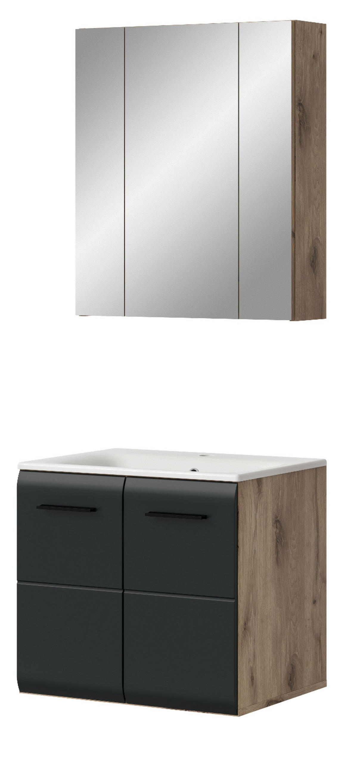 BADMÖBEL-SET 2-teilig Schwarz matt und Eiche Komplett-Set mit Waschbecken, 60 x 185 cm - Eichefarben/Schwarz, Glas/Holzwerkstoff (60/185/46cm) - Inn.Furn