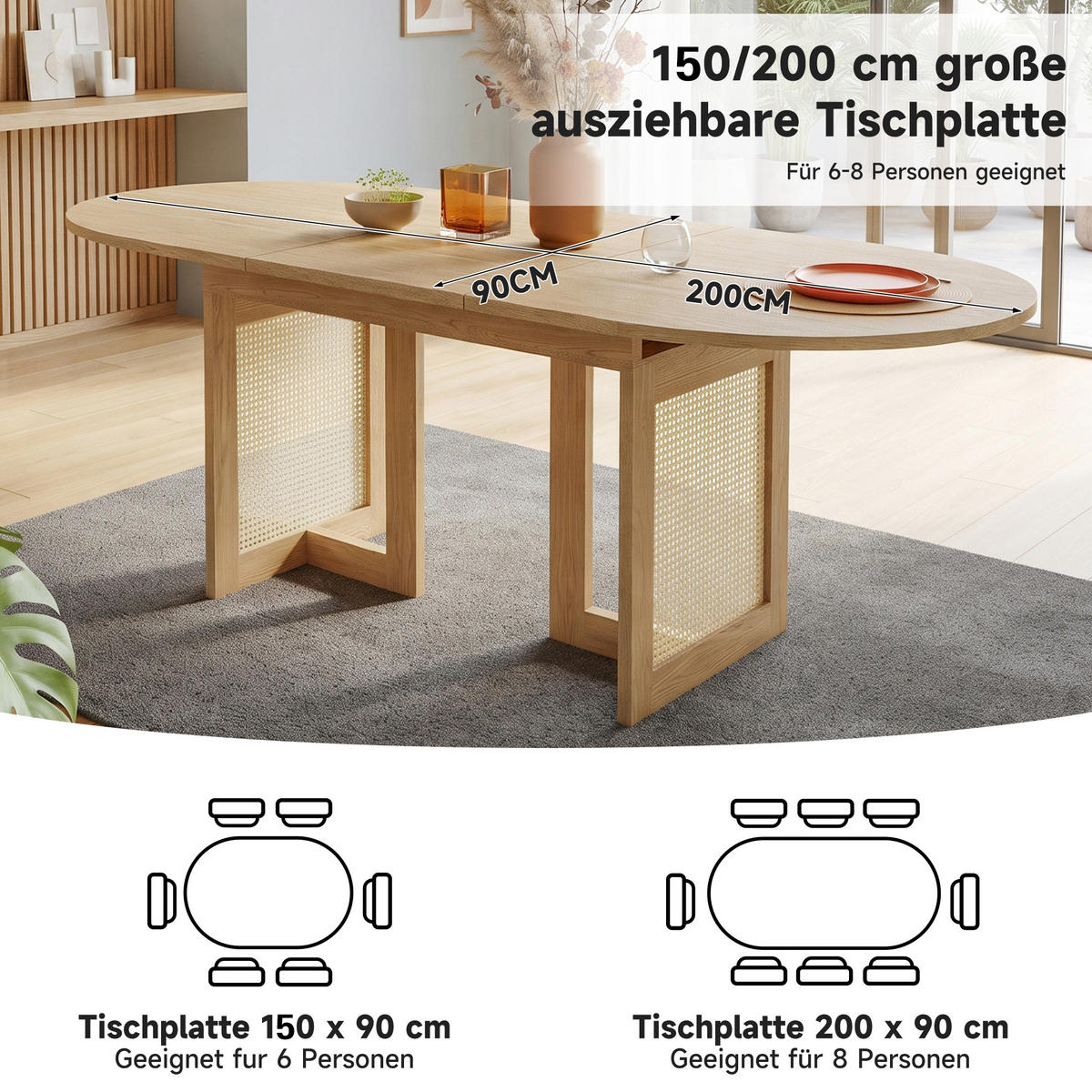 ESSTISCH ausziehbar 150-200/90 cm mit Rattan-Beinen DE-39789 Eichenfarbe - Eichefarben, Holzwerkstoff (90/200/75cm) - ComfortXL
