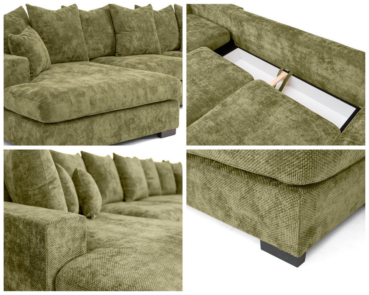 WOHNLANDSCHAFT Dahlia mit Schlaffunktion und Bettkasten in U-Form - Grün Chenille 373/92/155 cm - Schwarz/Grün, Kunststoff/Textil (373/92/155cm) - WFL GROUP