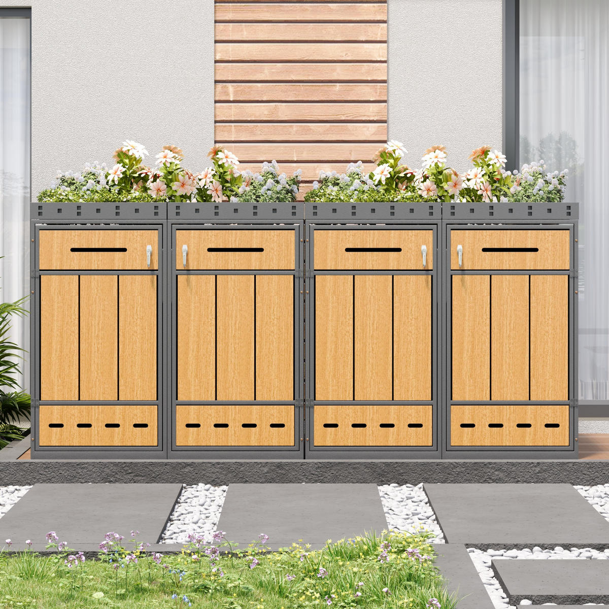 MÜLLTONNENBOX aus Stahl in Grau Holzoptik mit Pflanzdach & Schloss - Grau, Metall (264/124/80cm) - Modfu