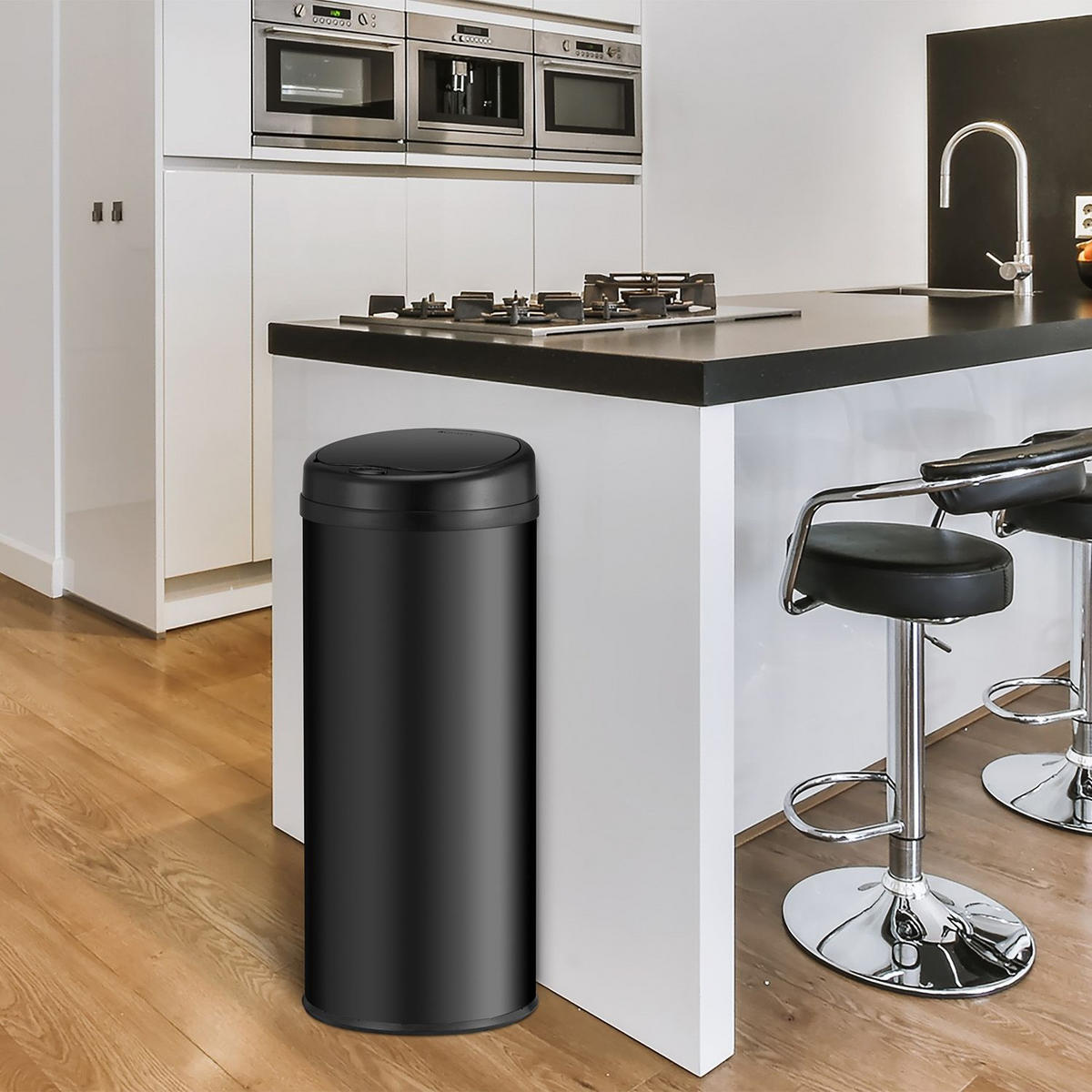 MÜLLEIMER rund 50L schwarz mit Sensor - Schwarz, Metall (31/77/31cm) - Juskys