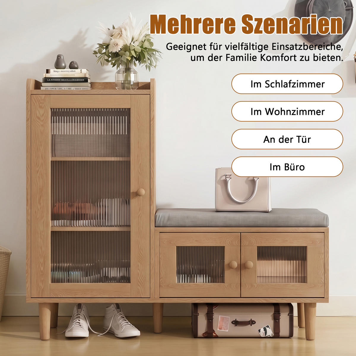 SCHUHSCHRANK mit Sitzbank, 3 Türen, verstellbare Einlegeböden, 100 x 35 x 90 cm, Hellbraun - Hellbraun, Holz/Metall (35/90/100cm) - GENKI LIVING