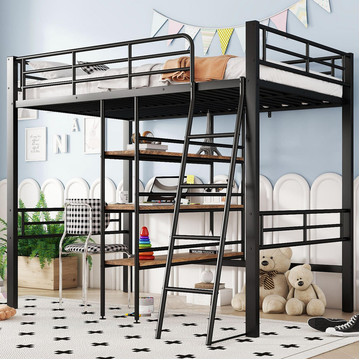 HOCHBETT 90x200cm mit Schreibtisch in Schwarz Metall - Schwarz, Metall (90/200cm) - KOMHTOM