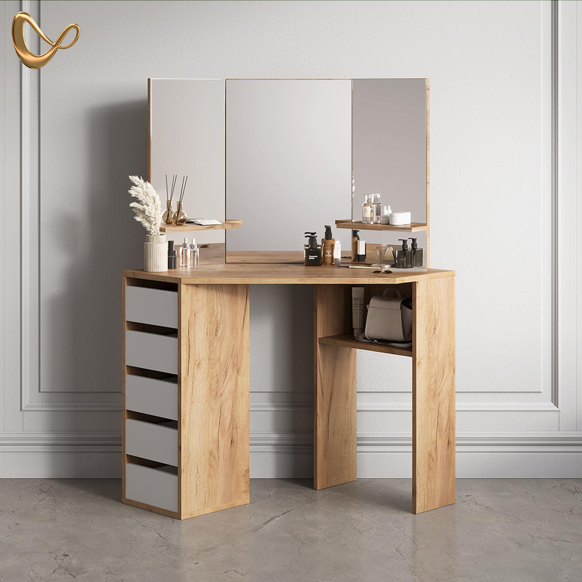 ECKSCHMINKTISCH Enna Goldkraft Eiche 110 cm - Honigeiche, Holzwerkstoff (110/141.5/54cm) - Livinity®