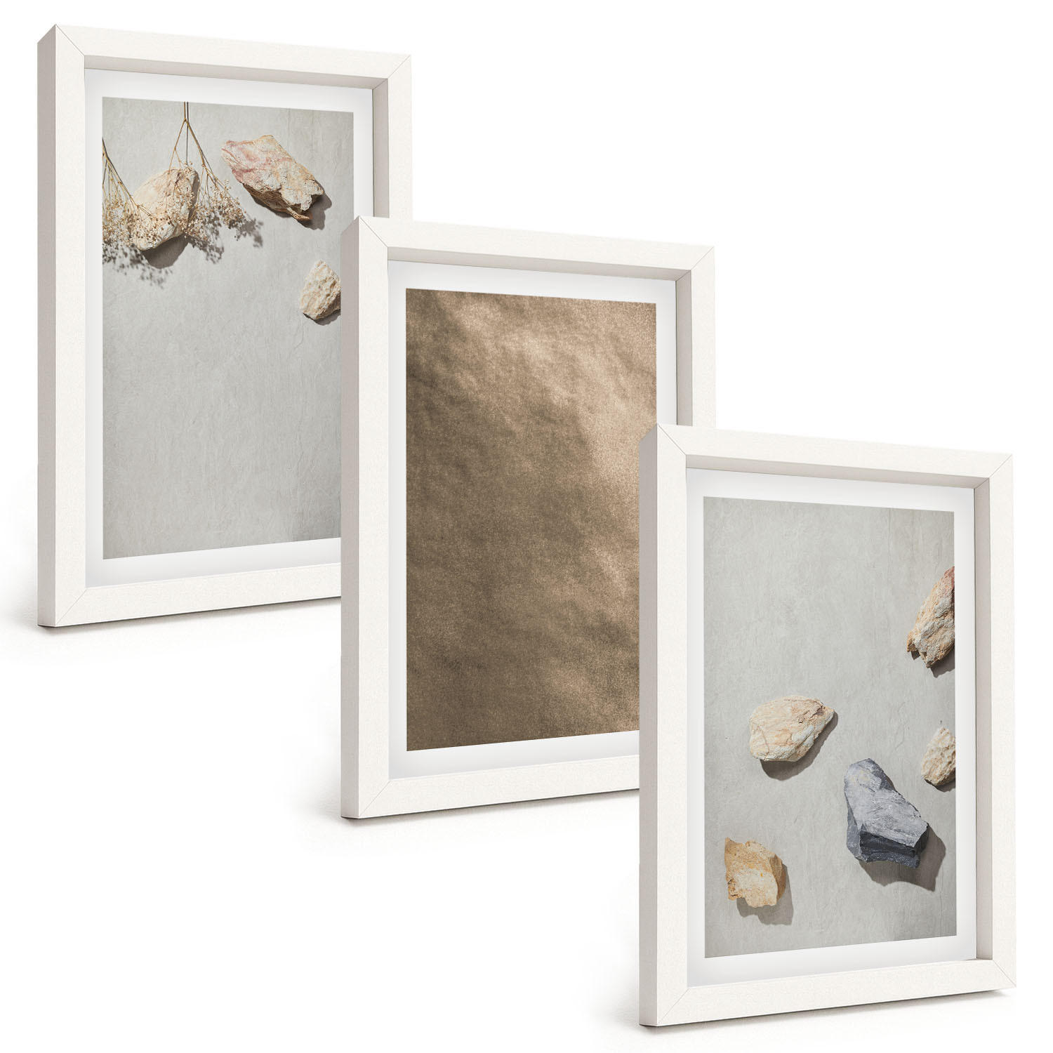 BILDER SET 3er Set - 20x30 cm Weißer Rahmen - Steine Strand natürliche Strukturen - Weiß, Kunststoff (20/30cm) - TULUP