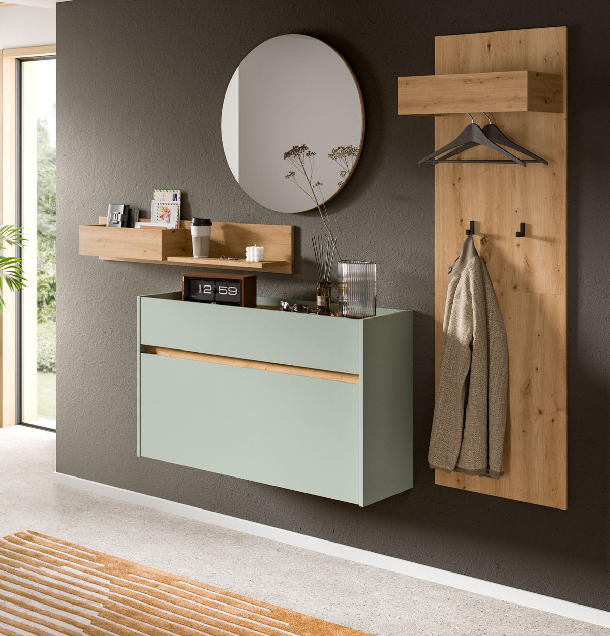 GARDEROBEN-SET Salbei grün, Eiche Artisan 205 cm 4-teilig, Garderobenschränke hängend - Salbeigrün/Eiche Artisan, Glas/Holzwerkstoff (205/197/32cm) - Inn.Furn
