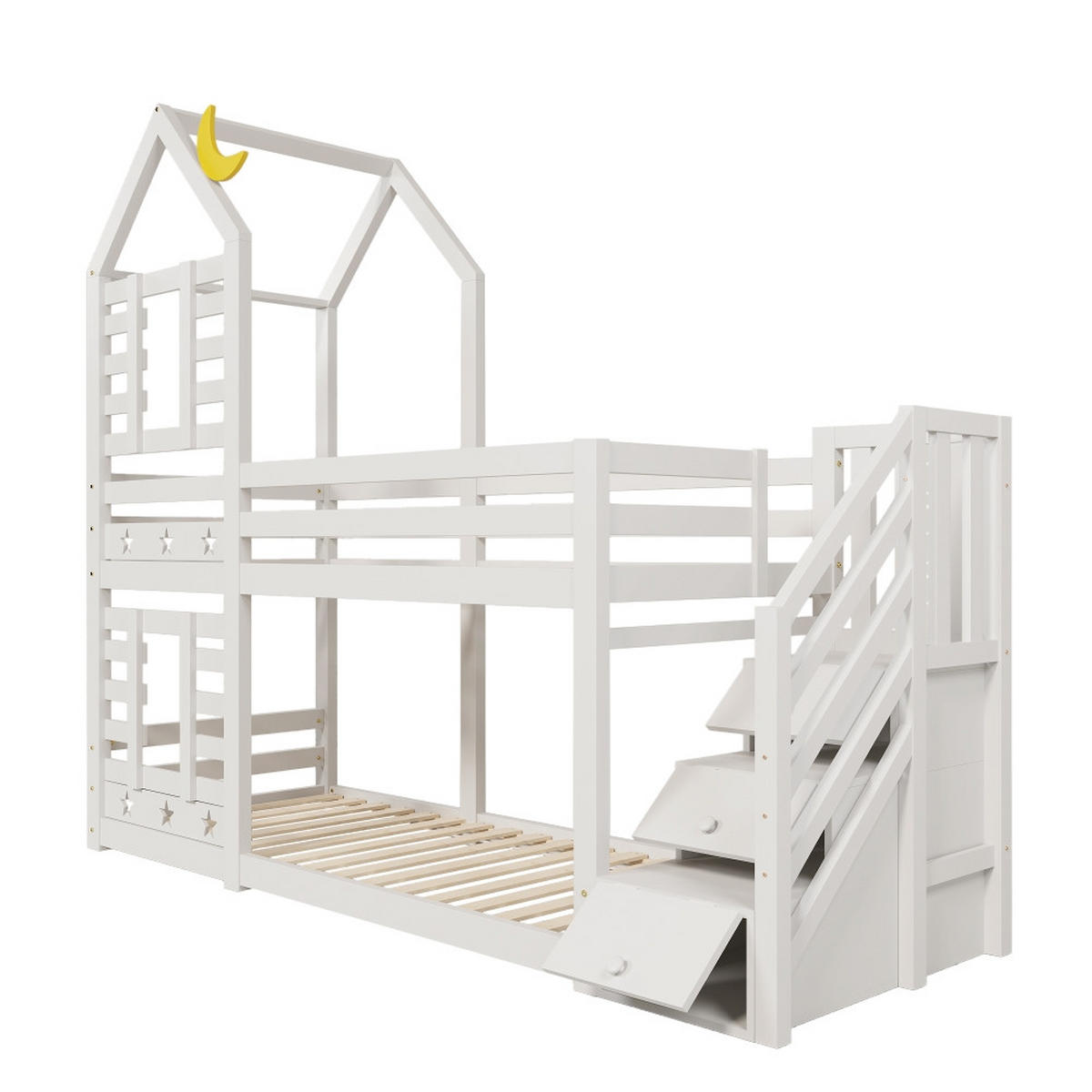 HOCHBETT BAUMHAUS mit Schubladen, Rausfallschutz, Treppe, Kiefer Massivholz, Weiß, 96/257/217 cm - Weiß, Holz (90/200cm) - Rolipo