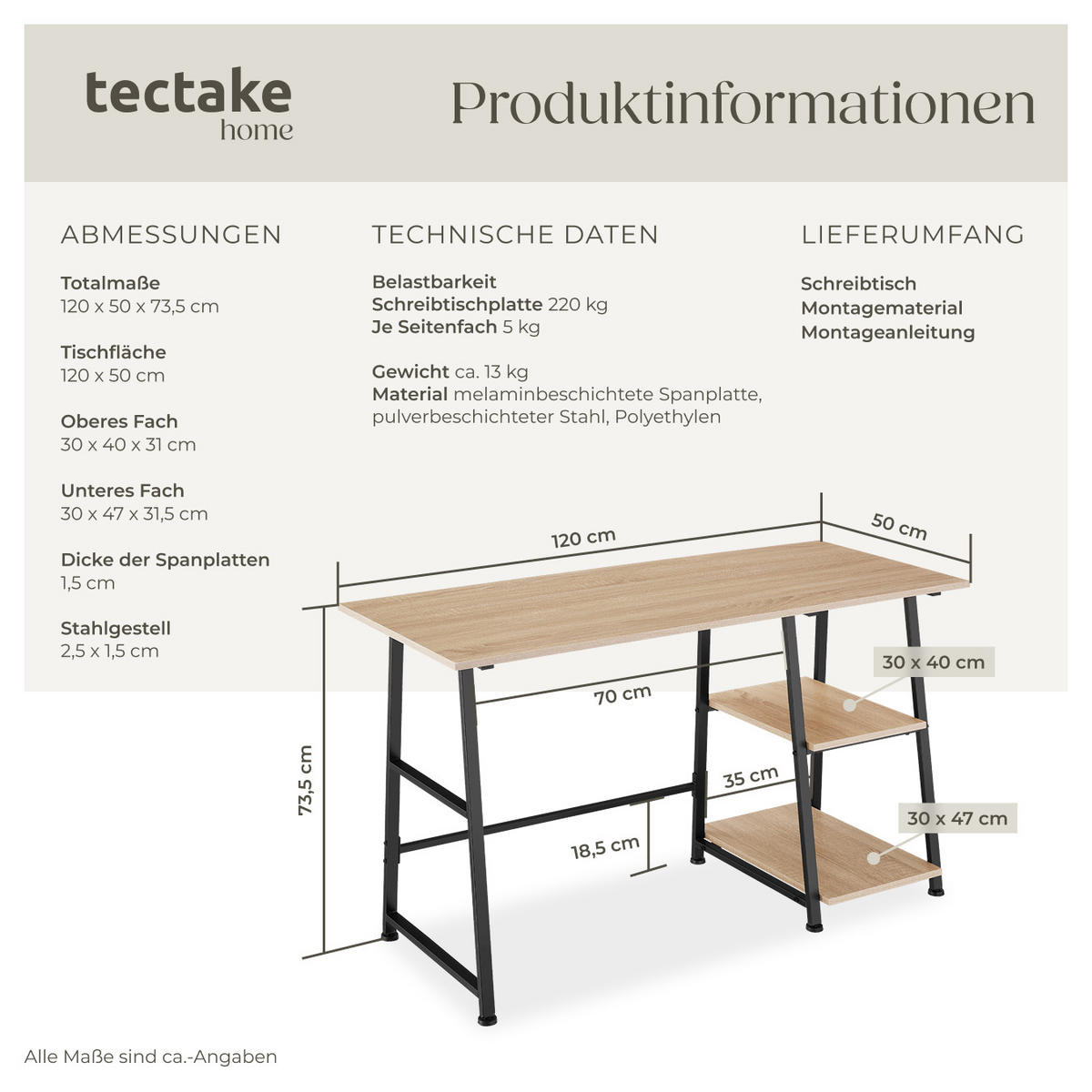 SCHREIBTISCH Paisley,120 x 50 x 73,5 cm,Industrial Holz hell, Eiche Sonoma - Naturfarben, Holzwerkstoff (120/50/73.5cm) - tectake