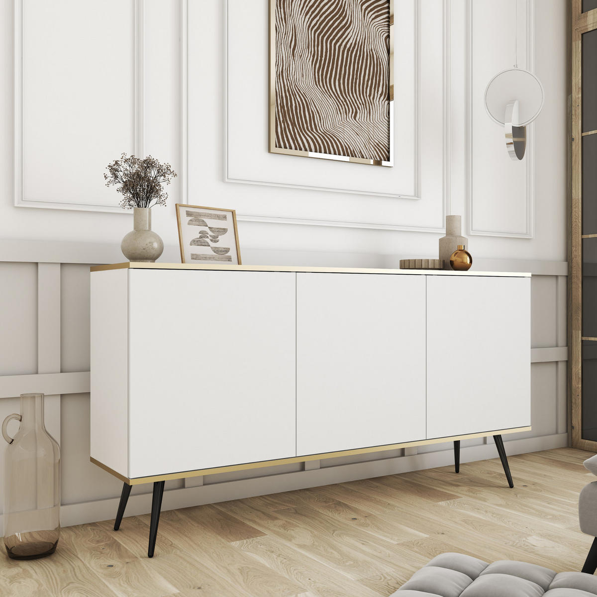 KOMMODE FORNO (Weiß, Goldene Details, 3 Türen, schwarze Metallfüße) - Schwarz/Weiß, Holz/Holzwerkstoff (160/85/39cm) - Ravio