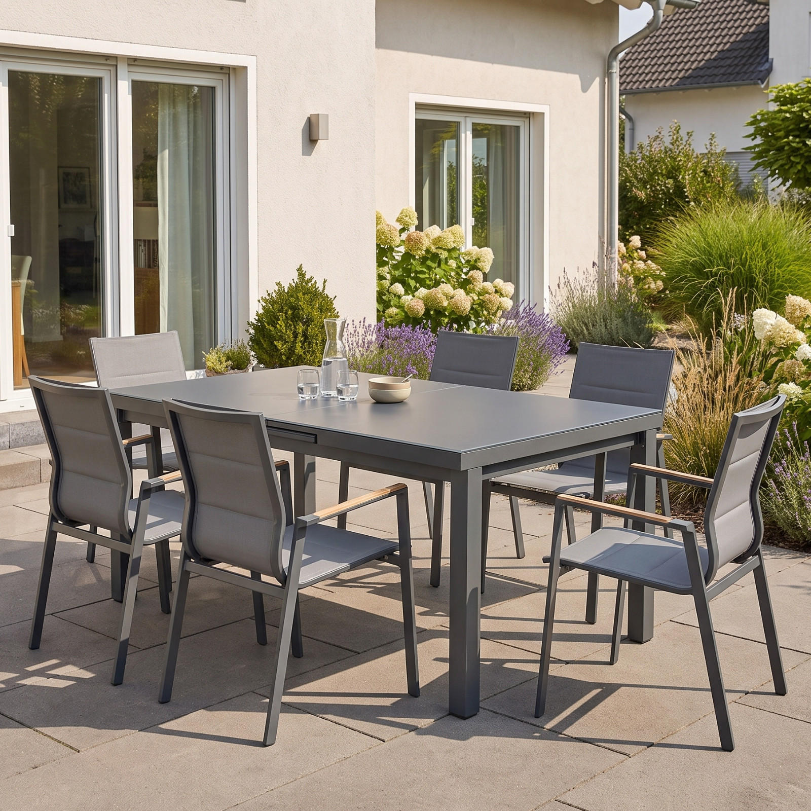 GARTENMÖBEL-SET Boston 2 Ausziehtisch 180–240 cm 6 Stapelstühle - Grau, Kunststoff - bellavista - Home & Garden