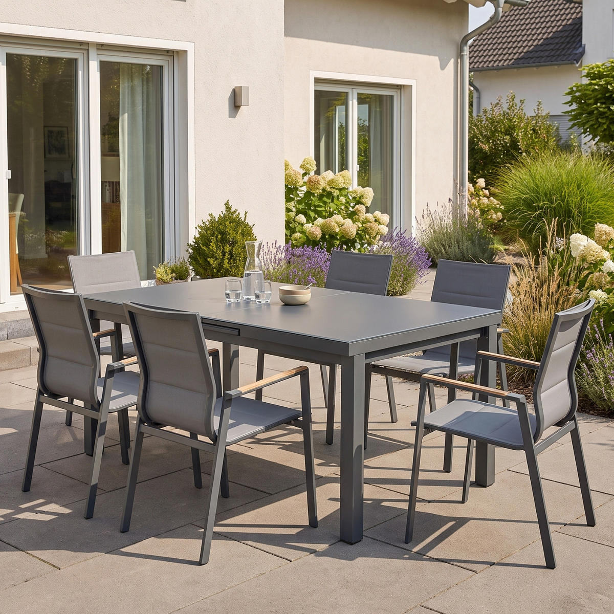 GARTENMÖBEL-SET Boston 2 Ausziehtisch 180–240 cm 6 Stapelstühle - Grau, Kunststoff - bellavista - Home & Garden