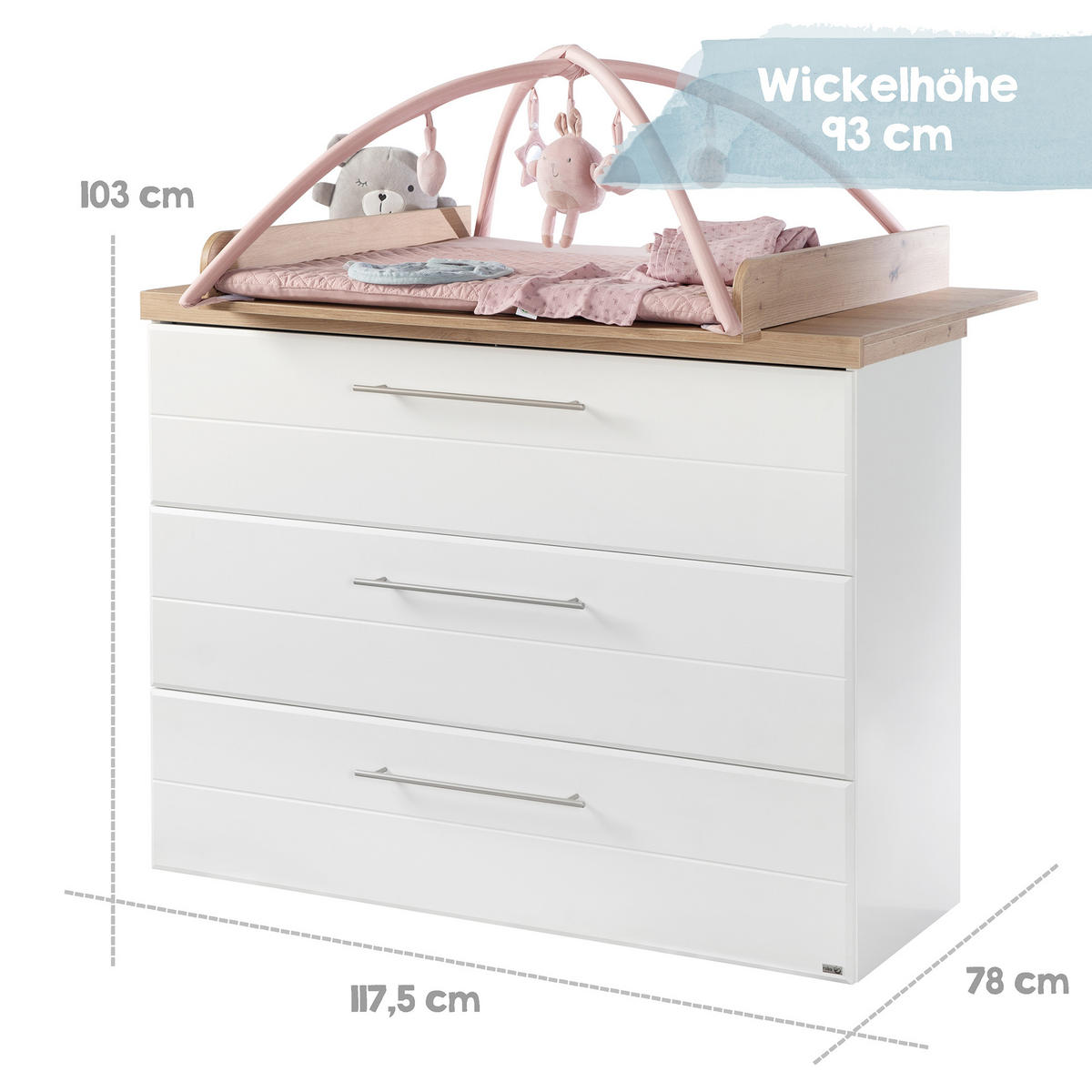 WICKELKOMMODE Nele - Silberfarben/Weiß, Holzwerkstoff/Metall (119/103/77.5cm) - Roba