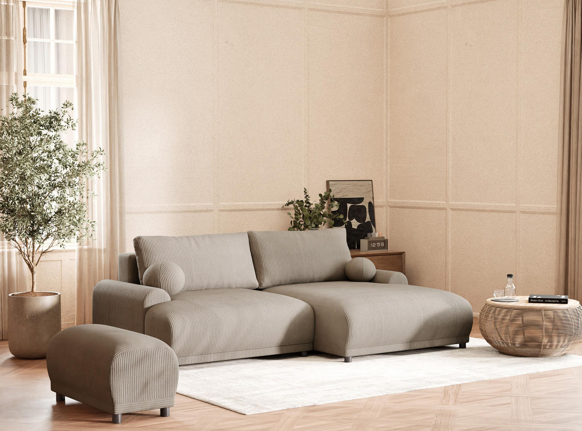 ECKSOFA MIT SCHLAFFUNKTION Tallin Beige Samtstoff - Beige/Schwarz, Holz/Holzwerkstoff (240/145cm) - Maison de Reve