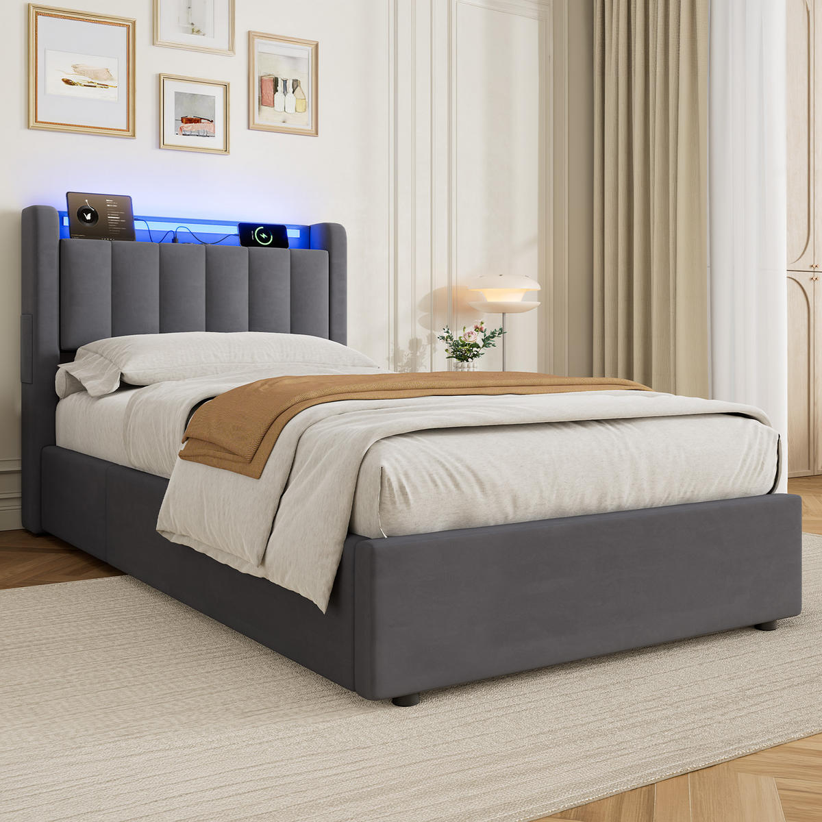 POLSTERBETT 90x190cm mit abgerundeten Kanten,mit Bettkasten und LED-Beleuchtung,Grau - Grau, Holzwerkstoff/Textil (90/190cm) - EVRYAE