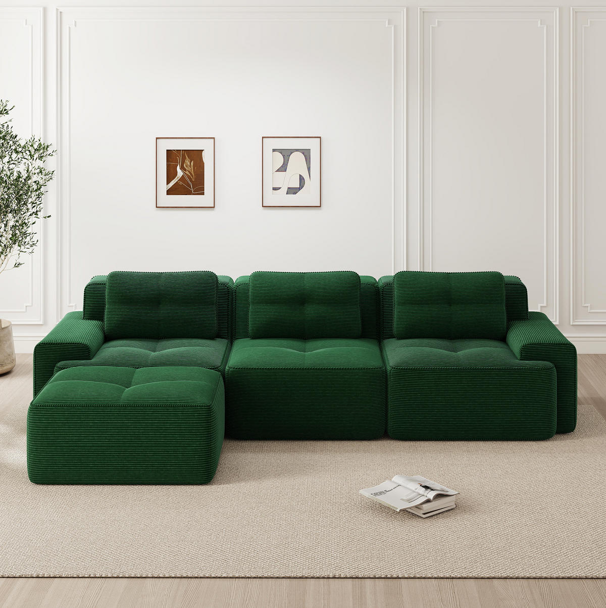 ECKSOFA 293/177/69 cm grün aus Cord mit Tiefsitz, ottomanenfähig und montagefrei - Grün, Textil (177/293cm) - OKWISH