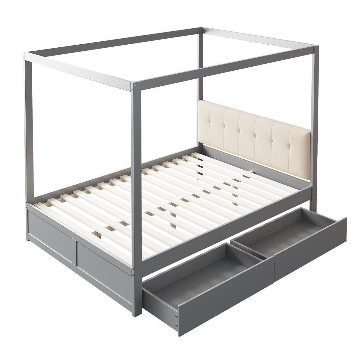 KINDERBETT 140/200 cm mit Zeltdesign, gepolsterter Rückenlehne und 2 Schubladen, Weiß/Grau - Grau, Holzwerkstoff (140/200cm) - Redom