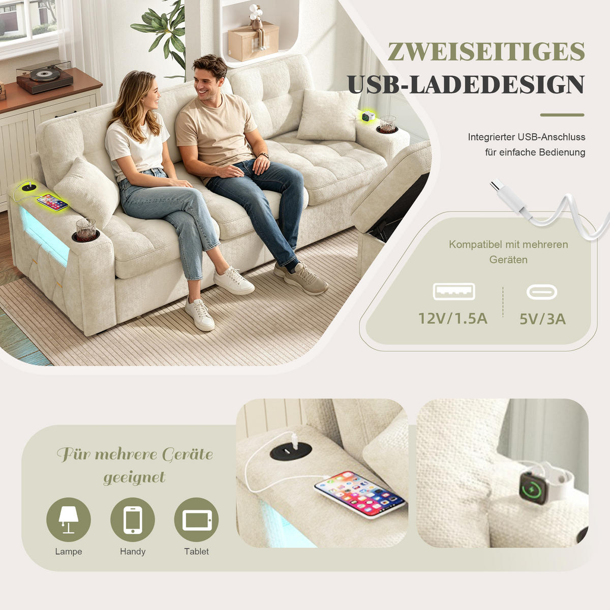 BIGSOFA mit Stauraum-Hocker, USB-C, LED, Becherhaltern und Schubladen aus Chenille - Beige, Textil (194.5/83/133cm) - EVRYAE