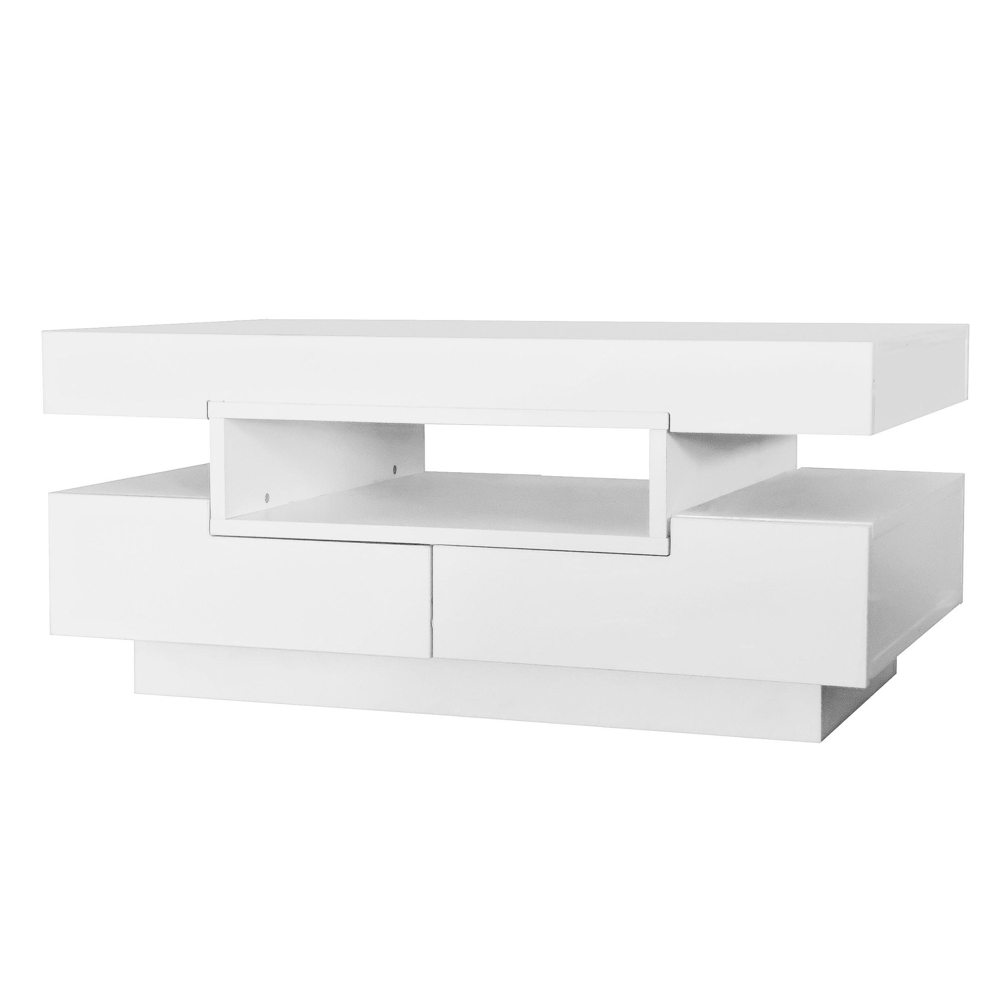 Redom KONFERENČNÍ stolek 80/50/36 cm s LED osvětlením, vysokým leskem a úložným prostorem, Bílá