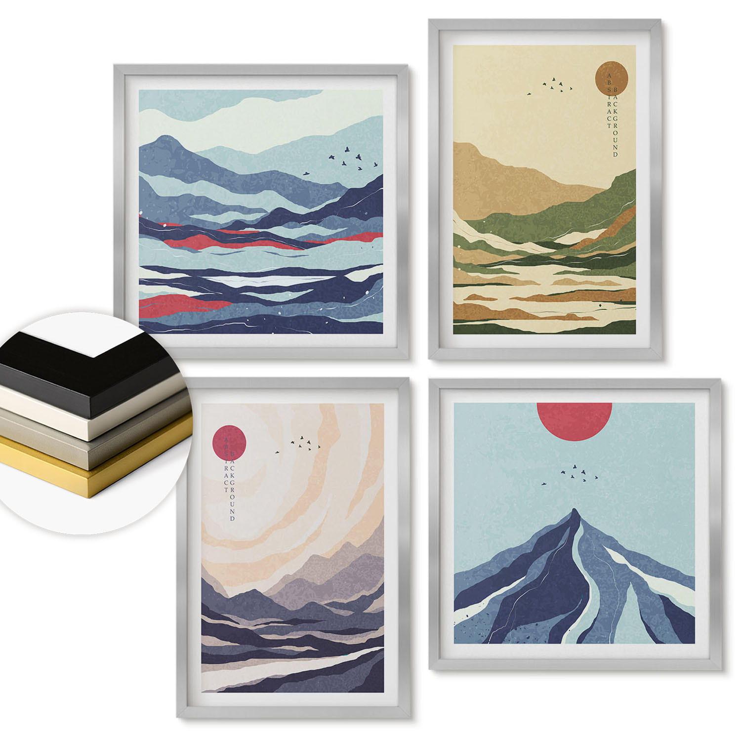 WANDBILDER 4er Set - 50x50 cm & 40x60 cm Silberner Rahmen - Pastellfarbene Berge im Japandi-Stil - Silberfarben, Kunststoff (50/50cm) - ArtPrintCave