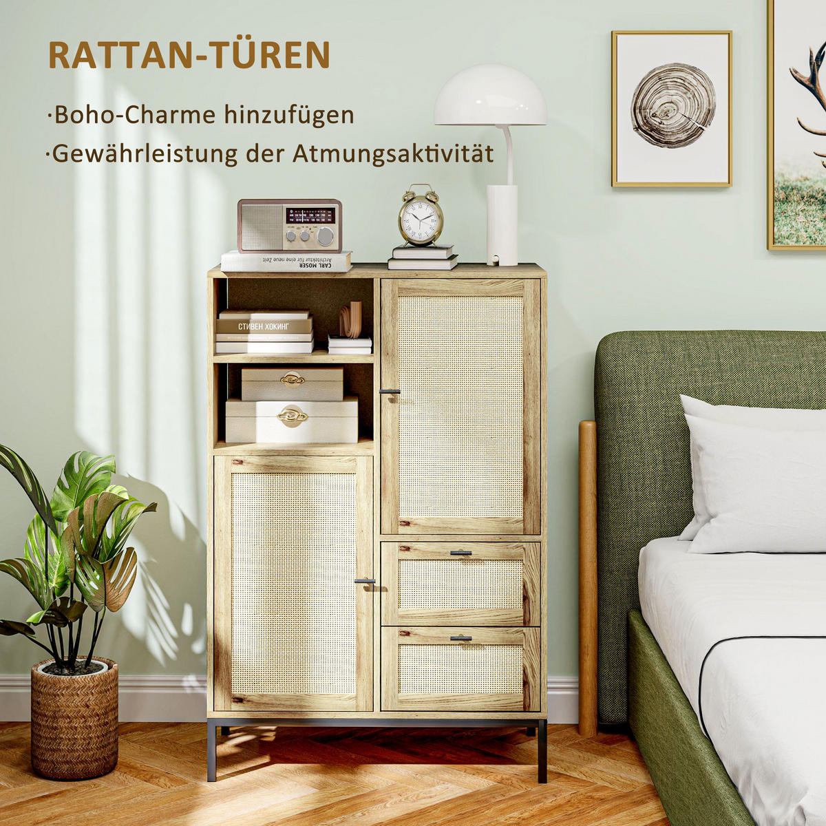 KOMMODE mit Rattan-Türen, Metallrahmen - Naturfarben, Holzwerkstoff (80/120/40cm) - HOMCOM