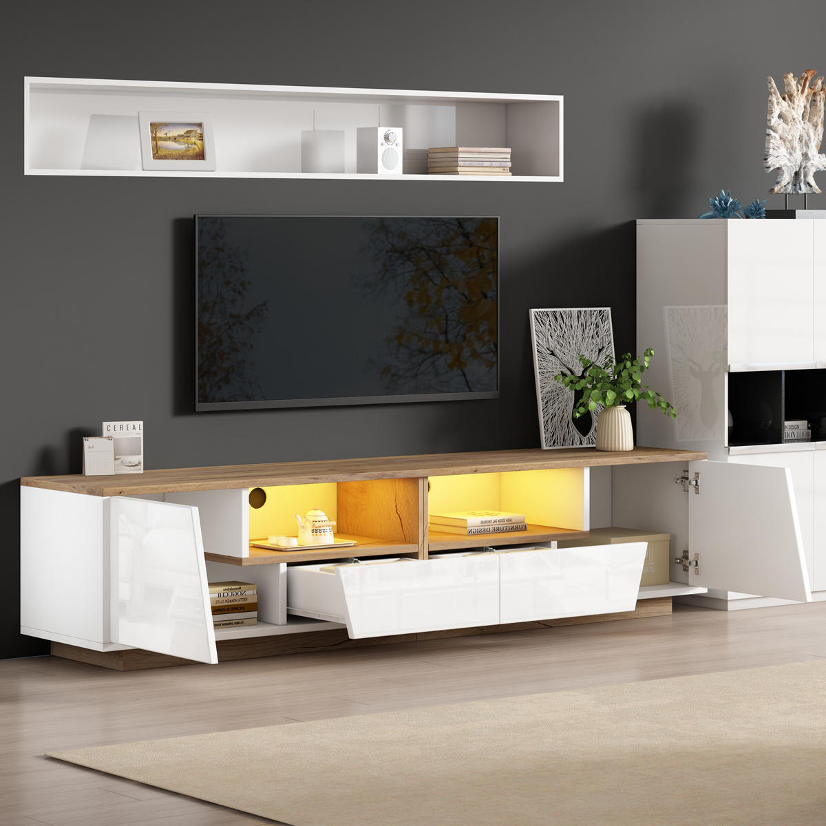 TV-LOWBOARD 180x40x46 cm Weiß Holz LED 2 Schränke 2 Schubladen - Weiß, Holzwerkstoff (40/46/180cm) - FLIEKS