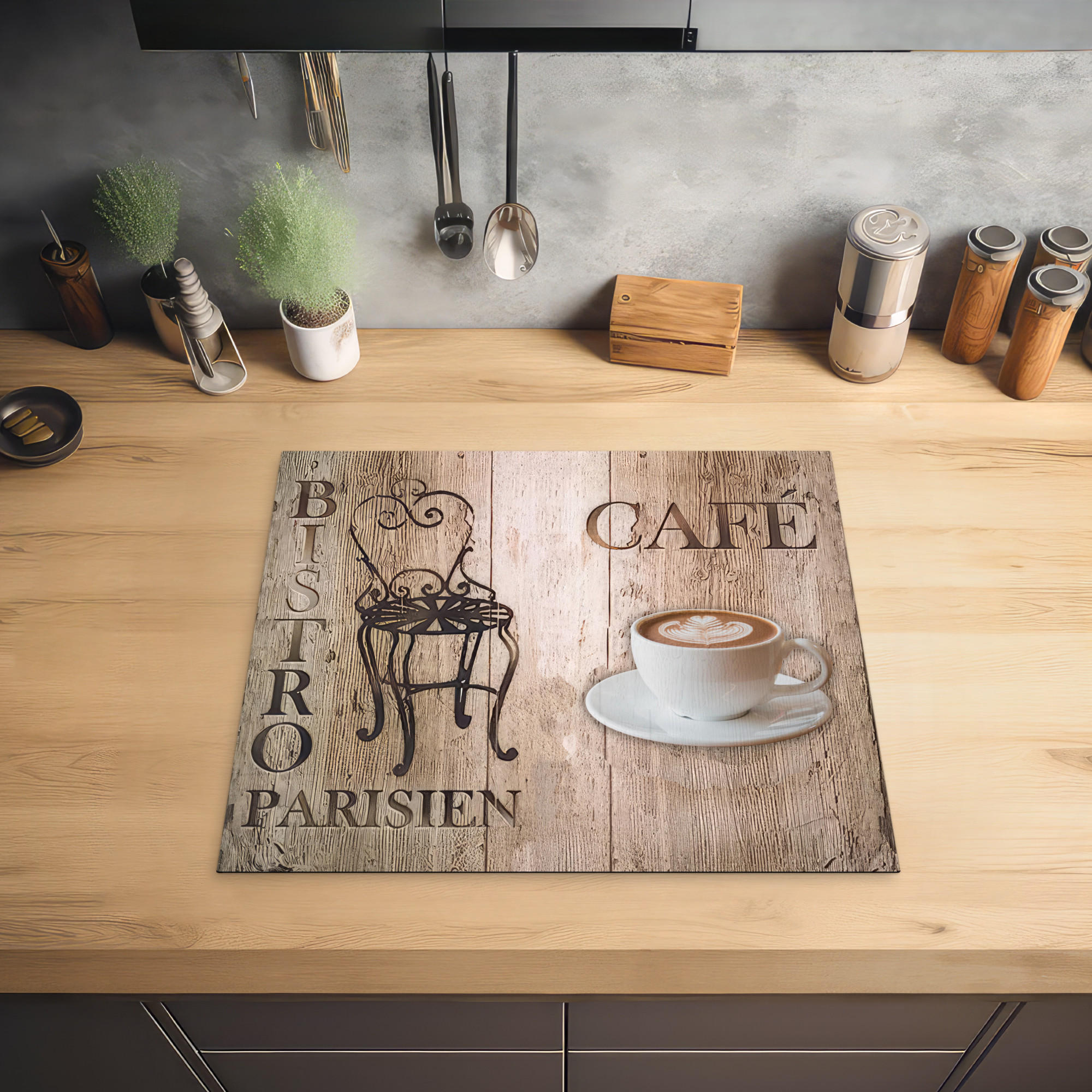HERDABDECKPLATTE Bistro Parisien - Café - Kaffee - Jahrgang 60x52 cm - Cappuccino, Kunststoff (60/0.2/52cm) - MuchoWow