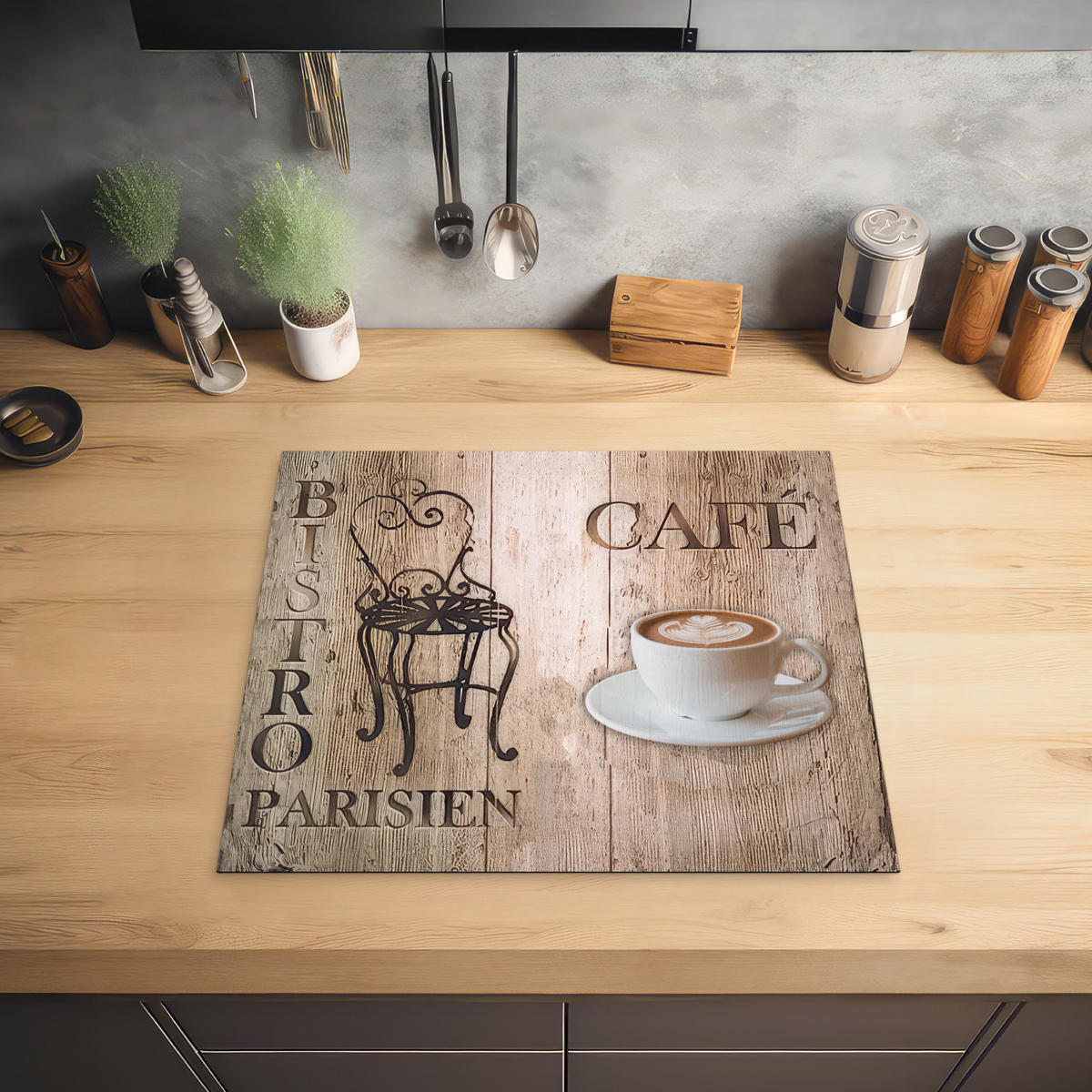 HERDABDECKPLATTE Bistro Parisien - Café - Kaffee - Jahrgang 57x51 cm - Cappuccino, Kunststoff (57.6/0.2/51.6cm) - MuchoWow