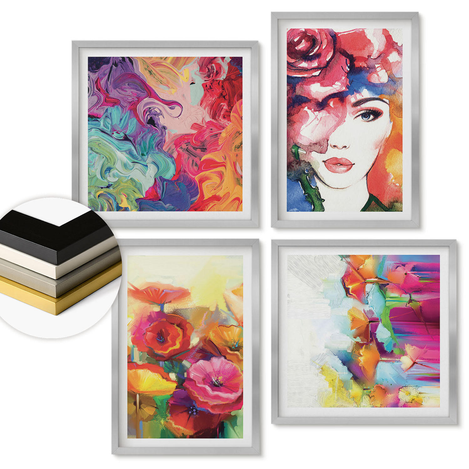 WANDBILDER 4er Set - 50x50 cm & 40x60 cm Silberner Rahmen - Porträt von Blumen in intensiven Farben - Silberfarben, Kunststoff (50/50cm) - ArtPrintCave