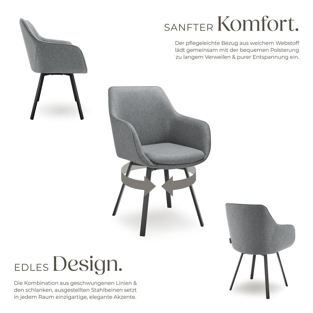 ARMLEHNSTUHL Drehbarer 4er Set, Alicon 57 x 59 x 88 cm anthrazit - Anthrazit, Textil (57/88/59cm) - tectake