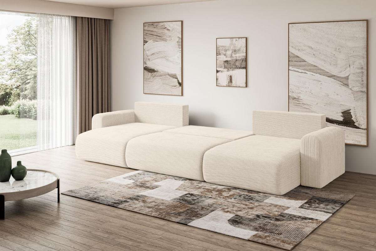 WOHNLANDSCHAFT mit Schlaffunktion und Bettkasten ORRO-U - 362x145x83 cm Beige Cord - Beige/Schwarz, Holzwerkstoff/Kunststoff (362/83/145cm) - ALTDECOR