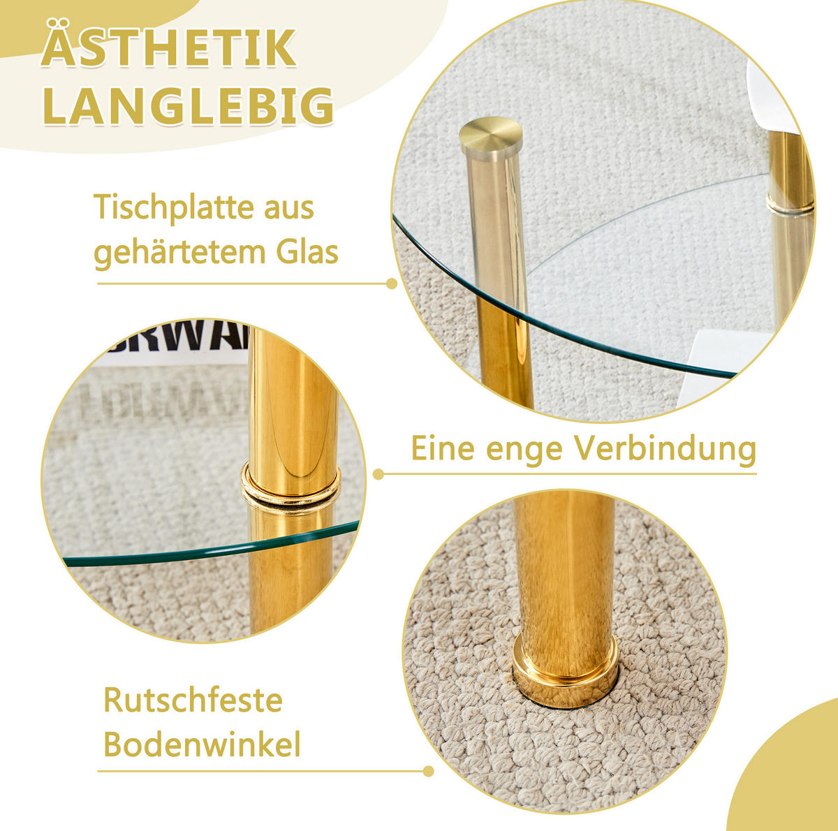 COUCHTISCH 70/70/42 cm mit 2 Glasplatten und Metallgestell, moderner leiser Luxus, Gold/Transparent - Goldfarben, Glas (70/70/42cm) - Redom