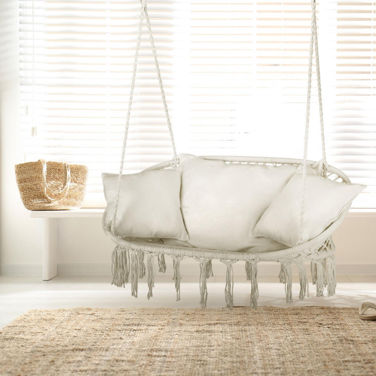 HÄNGESESSEL für 2 Personen 130/75/37 cm, bis 200 kg - Beige, Textil/Metall (130/37/75cm) - Outtec