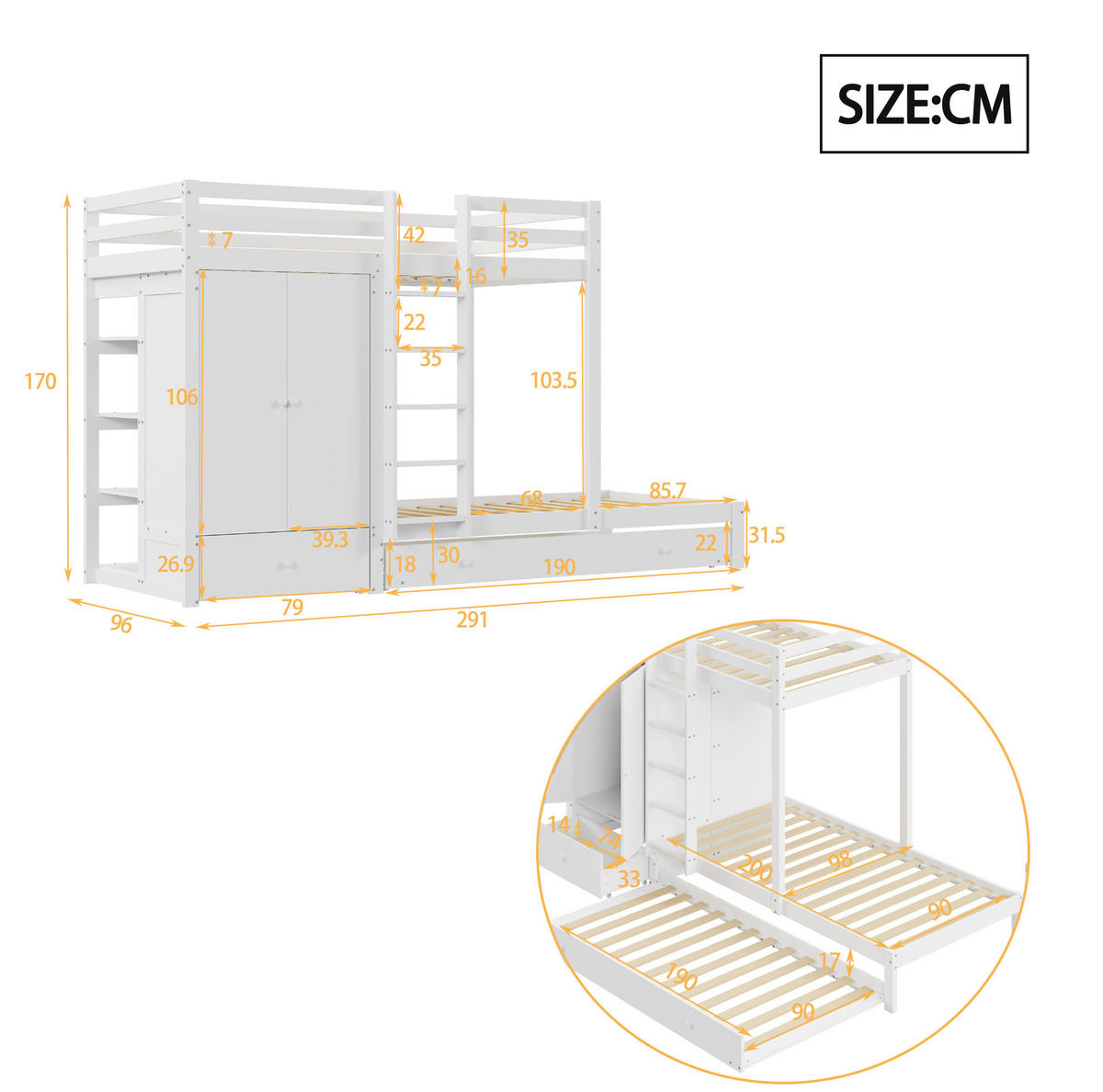 ETAGENBETT 90/200 cm aus Holz mit Ausziehbett und Kleiderschrank - Weiß, Holz (90/200cm) - BEAOK