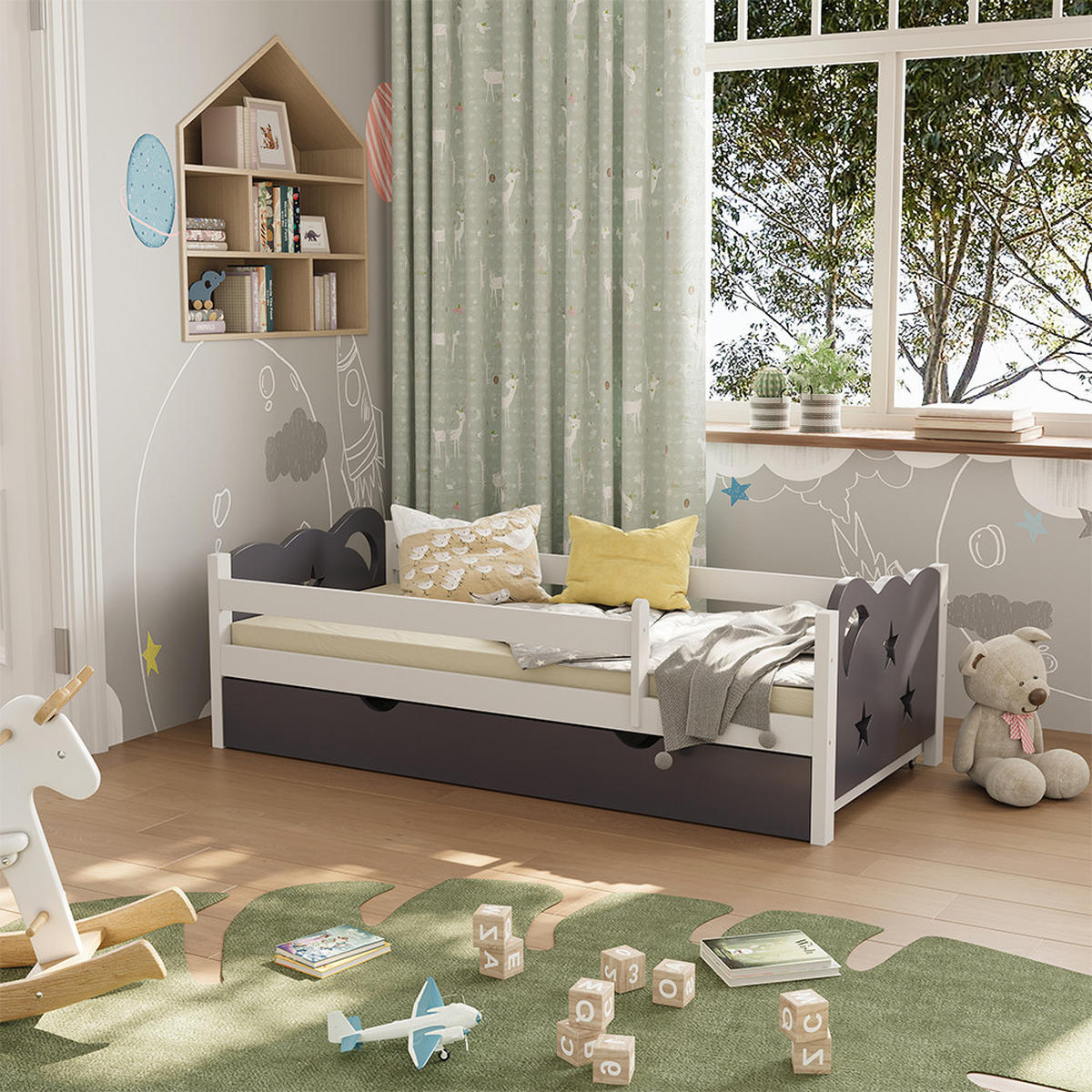 KINDERBETT Jessica Grau 80x160 cm mit Schublade, ohne Matratze - Weiß/Grau, Holzwerkstoff (166/53/86cm) - VitaliSpa