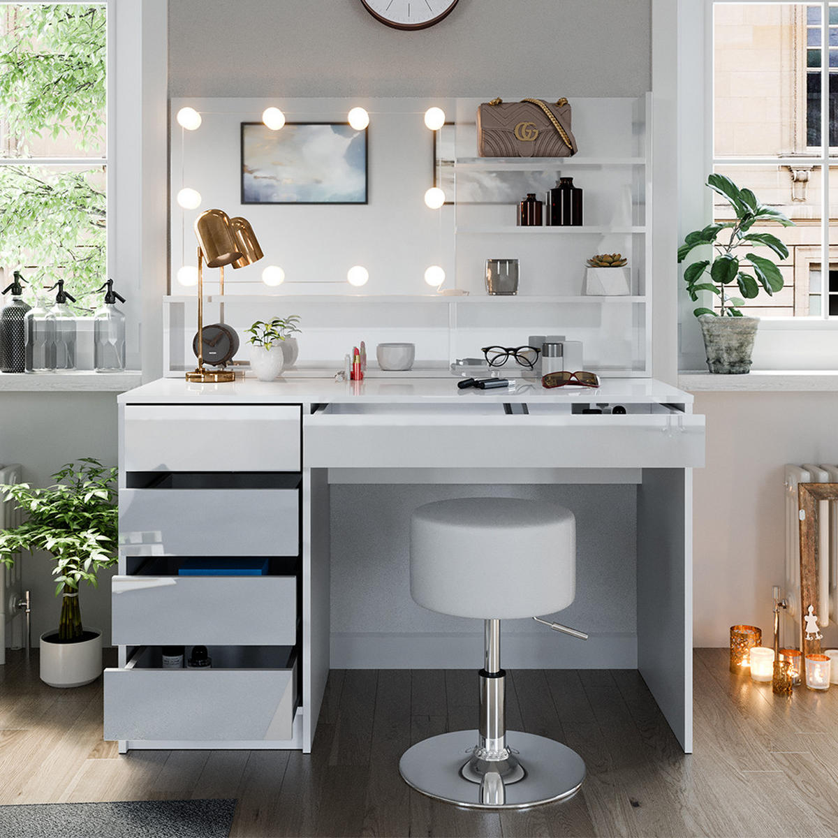 SCHMINKTISCH Sherry Weiß 145 cm mit LED Beleuchtung Hocker und Spiegelregal - Weiß, Holzwerkstoff (55/75/145cm) - Vicco