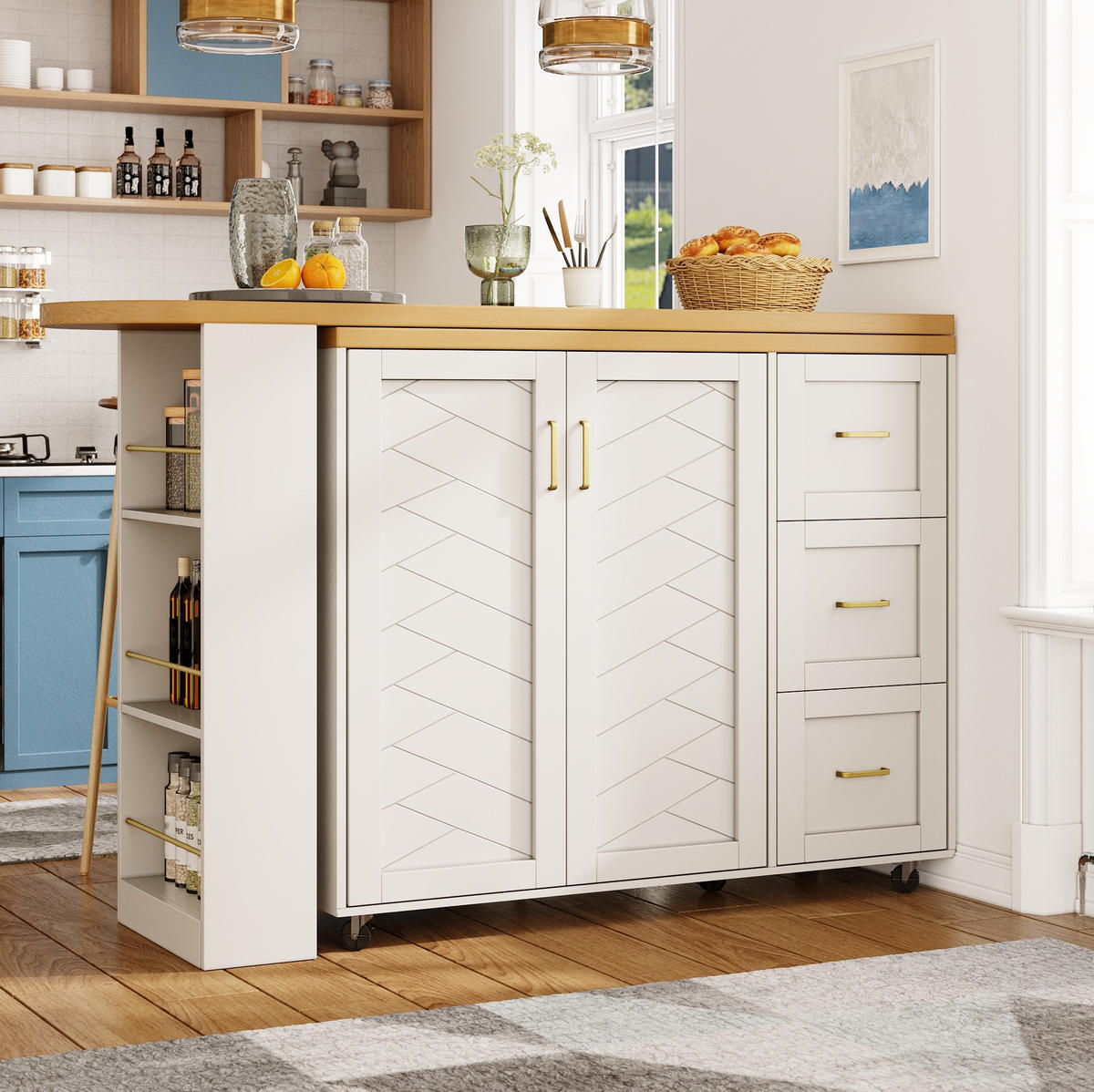 BARSCHRANK Barwagen ausziehbar mit Schrank, 3 Schubladen & Rollen, 135-228/39/104 cm, Weiß, - Weiß, Holzwerkstoff (39/104/135cm) - Redom