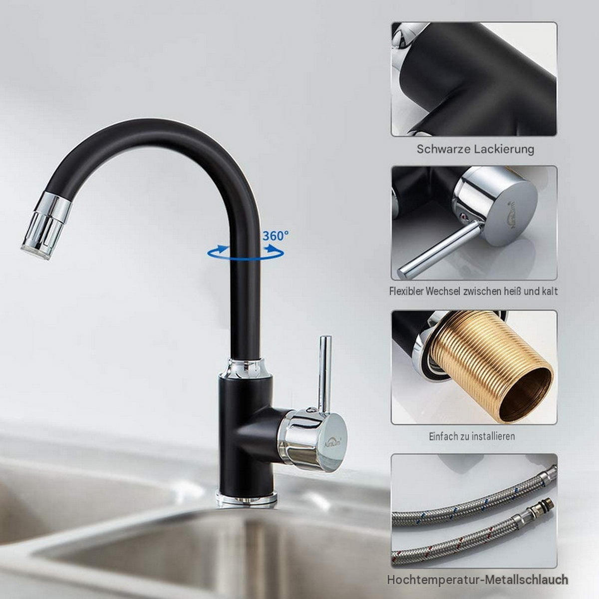 BADEZIMMERARMATUR, Farbwechsel je nach Wassertemperatur, 29,5 x 19,5 cm, schwarz. - Schwarz, Metall (35/10/25cm) - Vallsero