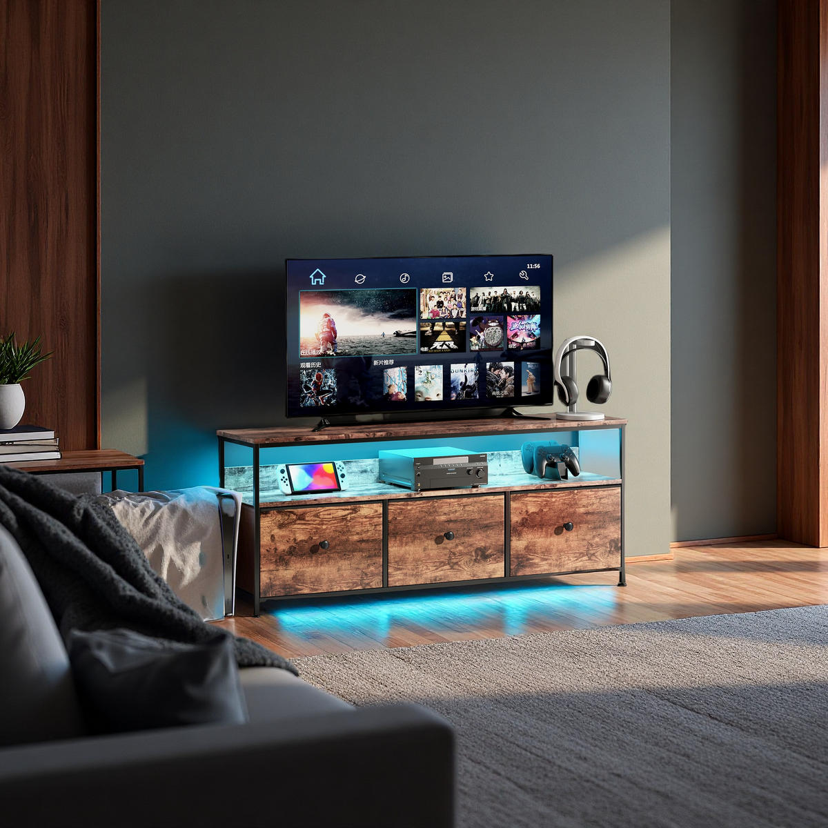 LED TV-TISCH 108cm 3 Vintage Schubladen Metallgestell - Multicolor, Holzwerkstoff (29.8/57/108cm) - SHOPENTRA