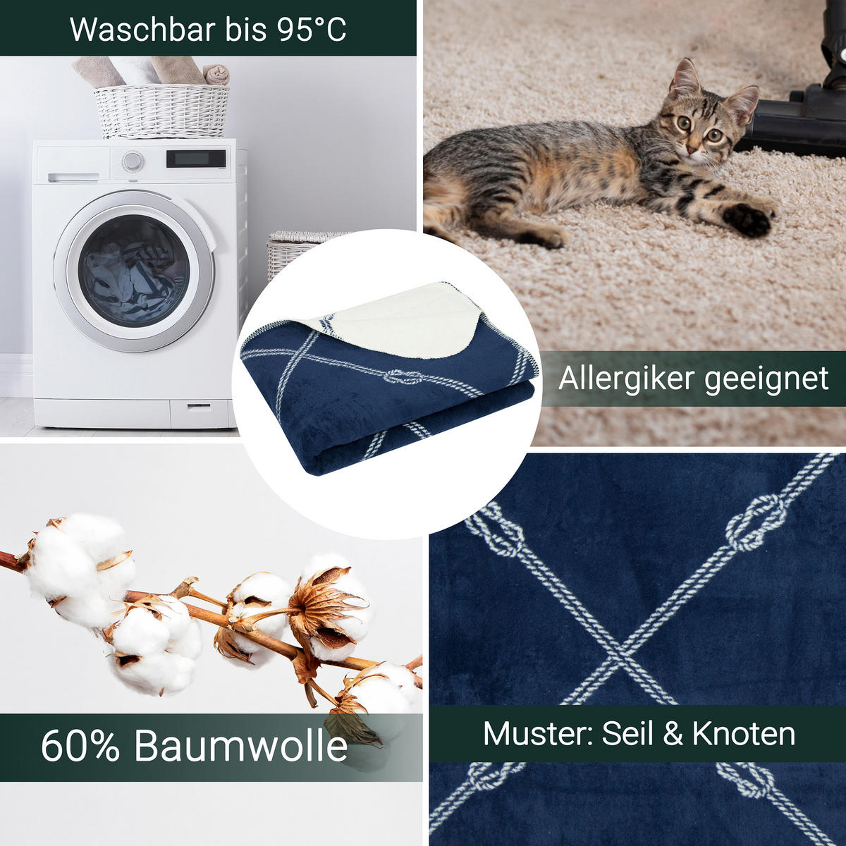 KUSCHELDECKE, 150x200 cm, 60% Baumwolle, 40% Polyacryl, Blau - Dunkelblau, Naturmaterialien (150/200cm) - Zollner