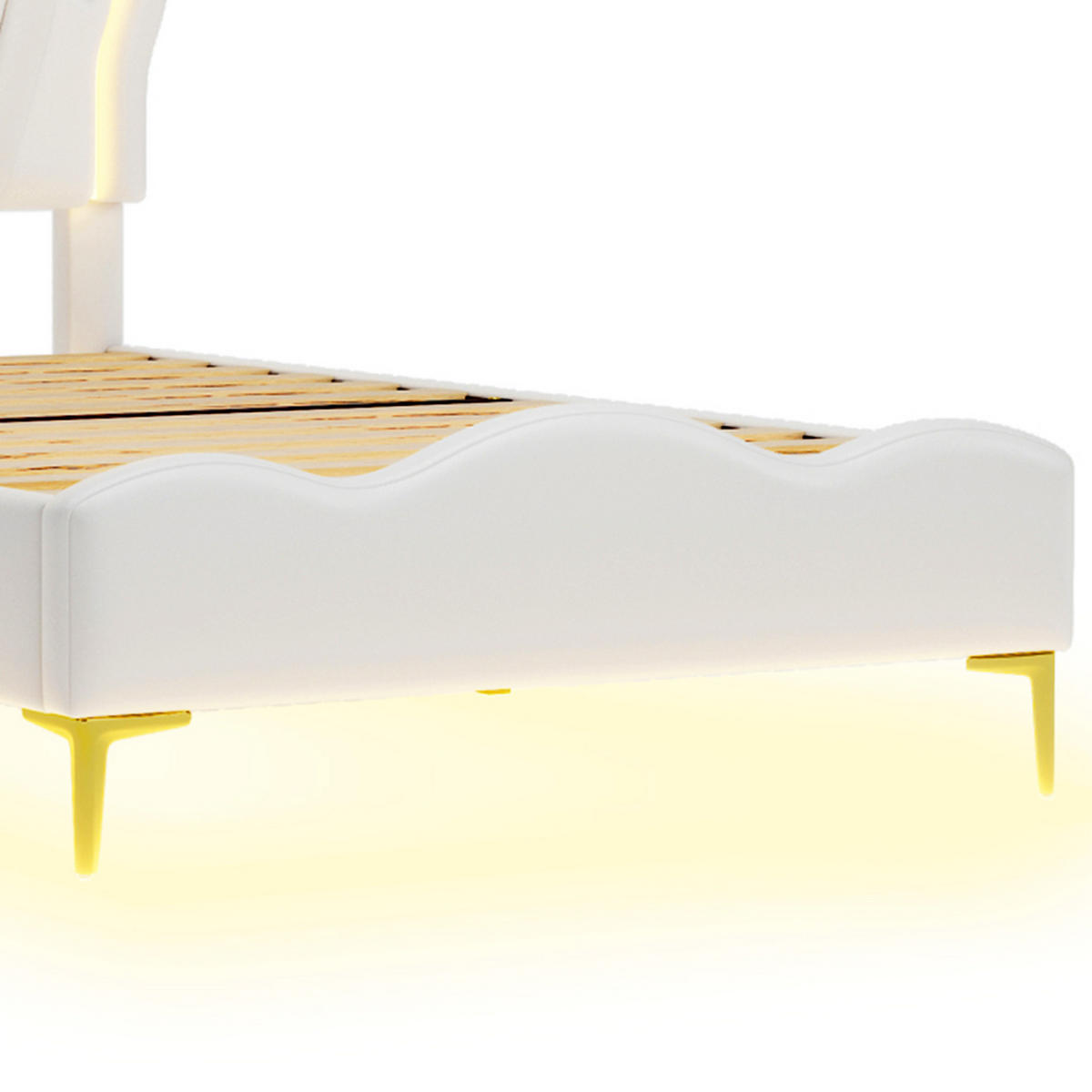KINDERBETT Bogen-Krone mit 2-Zonen-LED & Goldbeinen 90/200 cm PU-Leder Weiß - Weiß, Leder (90/200cm) - Creahappy