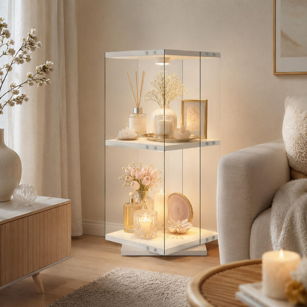 DREHVITRINE 360° Glasvitrine weiß mit RGB LED, 2 Etagen - Weiß, Glas (38/82/38cm) - SHOPENTRA