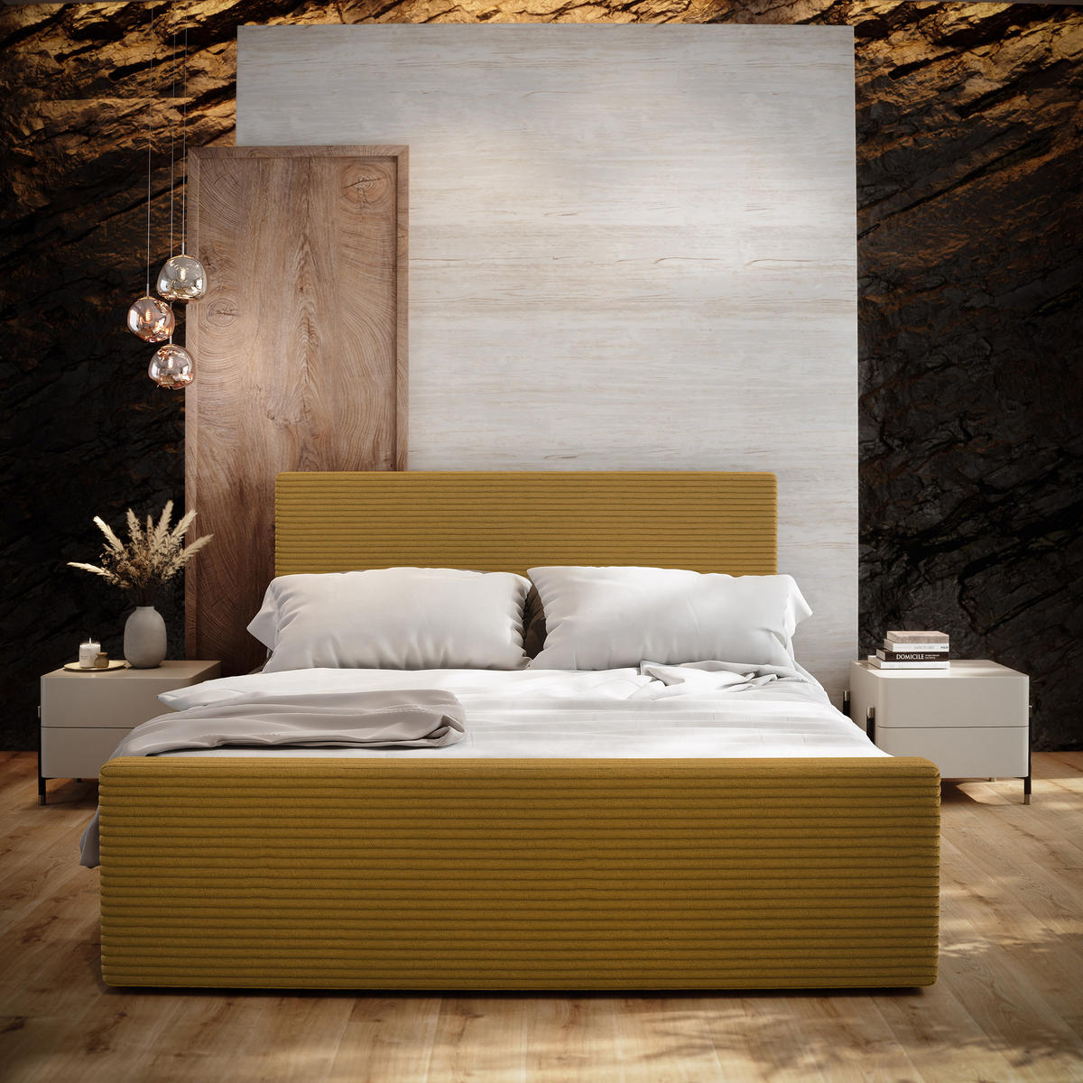 POSTEL BOXSPRING ALORIA 180x200 cm, s matrací a úložným prostorem, žlutá - žlutá, kompozitní dřevo/textil (180/200cm) - MASSENO