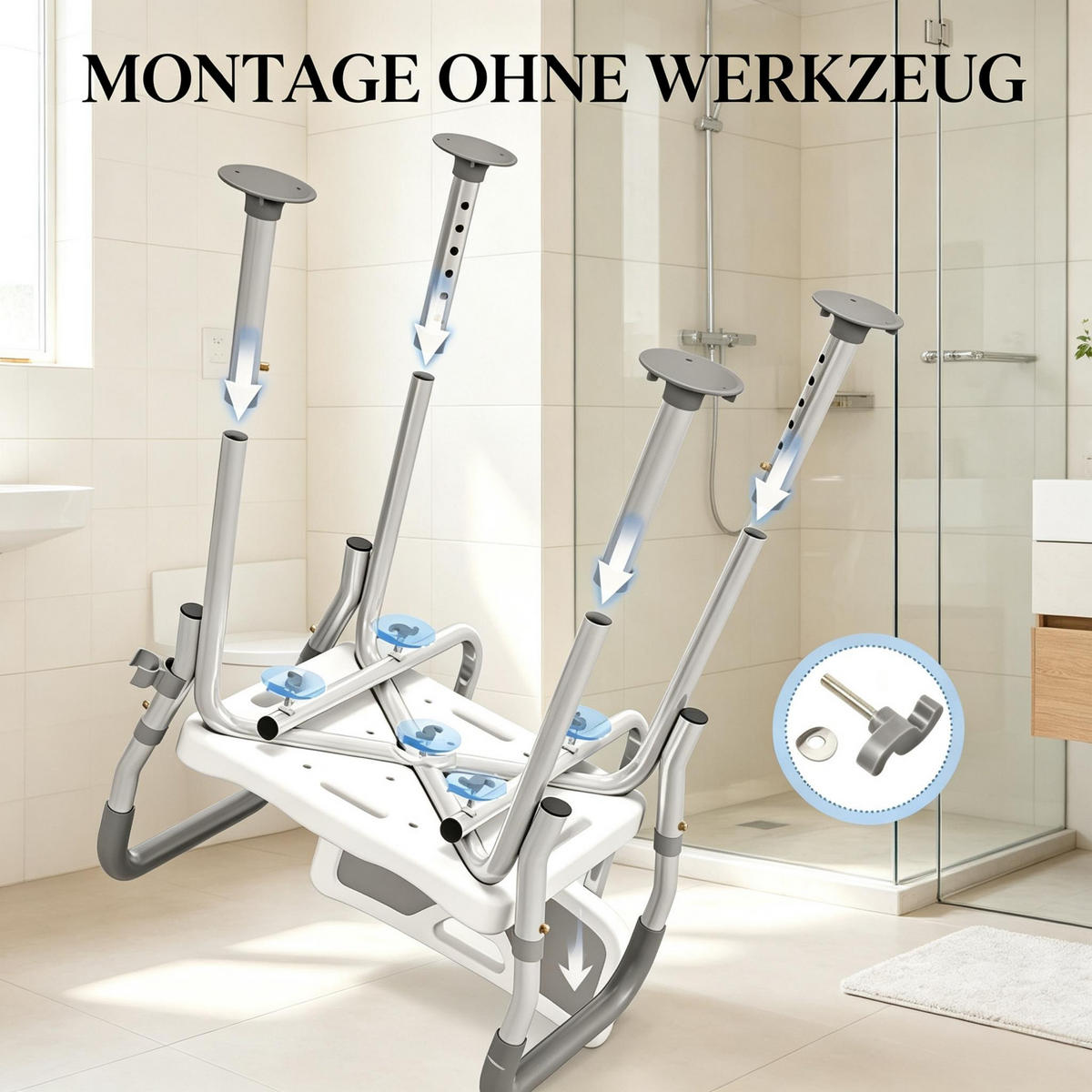 DUSCHSTUHL höhenverstellbar mit Rutschschutz, DE-42180, Weiß/Hellgrau - Grau, Kunststoff/Metall (53.5/74/56.5cm) - ComfortXL
