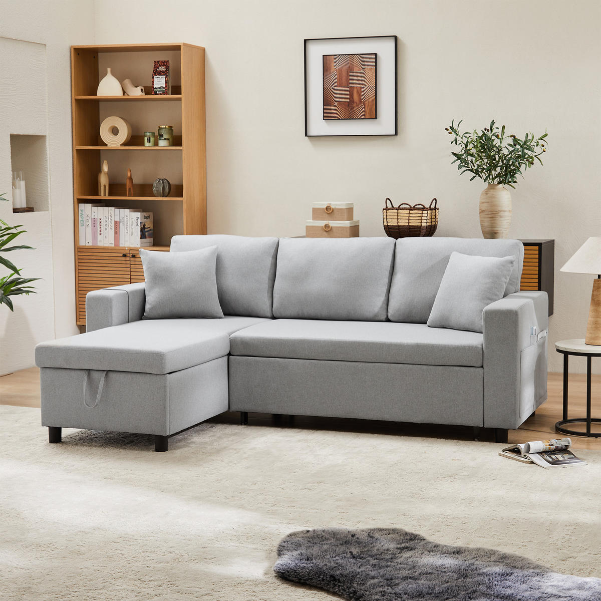 SCHLAFSOFA L-Form mit Stauraum und wechselbarer Chaiselongue - Grau, Textil (219.5/83/142.5cm)